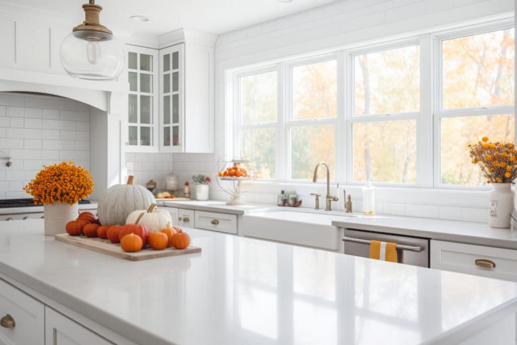Take your kitchen to the next levelo using pumpkins and orange flowers for fall decor. 
